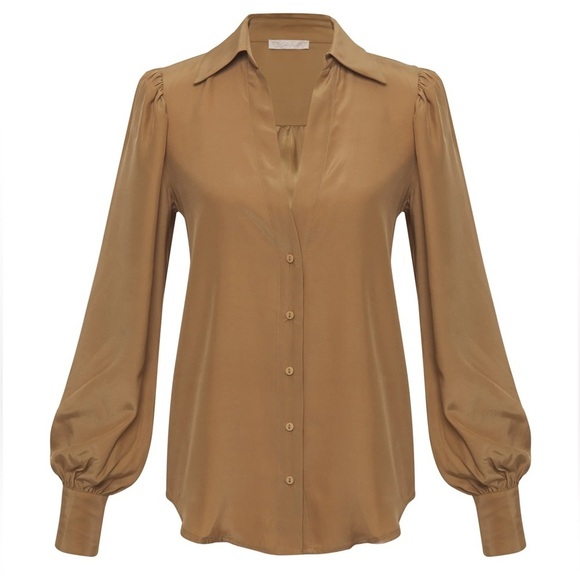 Gold Hawk Tops - GOLD HAWK Shirt 100% Silk Size XS Blouse‎ Top Tan Luxury Business Casual Party